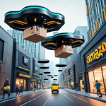 **

Futuristic cityscape with delivery drones carrying packages. Highlight efficiency and speed with blurred motion. Include recognizable brands subtly (e.g., Amazon logo).

**