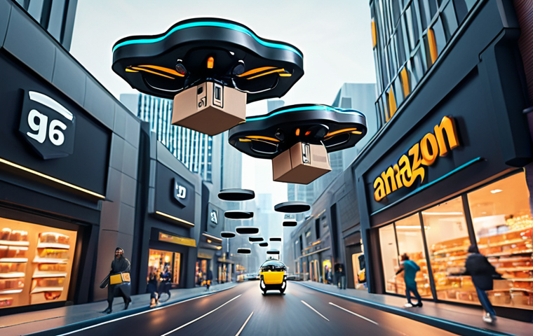 **

Futuristic cityscape with delivery drones carrying packages. Highlight efficiency and speed with blurred motion. Include recognizable brands subtly (e.g., Amazon logo).

**