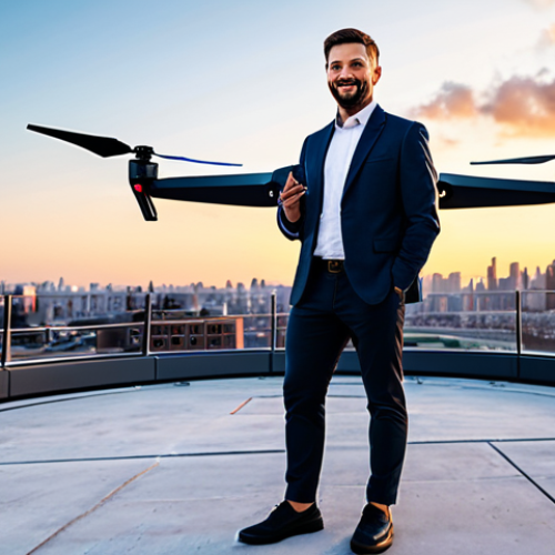 A professional adult, fully clothed in modern, modest business casual attire, stands by a futuristic drone delivery station on an urban rooftop. A sleek delivery drone is either landing or departing from the station, with a vibrant city skyline at sunset in the background. The scene conveys efficiency and technological advancement. Perfect anatomy, correct proportions, natural pose, well-formed hands, proper finger count, natural body proportions, professional photography, high quality, safe for work, appropriate content, family-friendly.