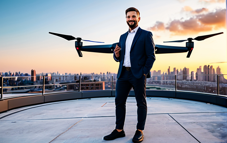 A professional adult, fully clothed in modern, modest business casual attire, stands by a futuristic drone delivery station on an urban rooftop. A sleek delivery drone is either landing or departing from the station, with a vibrant city skyline at sunset in the background. The scene conveys efficiency and technological advancement. Perfect anatomy, correct proportions, natural pose, well-formed hands, proper finger count, natural body proportions, professional photography, high quality, safe for work, appropriate content, family-friendly.