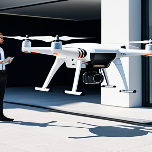 A professional image of a futuristic, electric-powered delivery drone gently descending towards a designated smart package reception unit on a modern residential balcony. A person, fully clothed in modest, professional business attire, stands nearby, observing the drone with a calm, positive expression. The setting is a bright, contemporary urban environment with clean architecture under clear daylight. The image conveys efficiency and convenience. safe for work, appropriate content, fully clothed, professional dress, perfect anatomy, correct proportions, natural pose, well-formed hands, proper finger count, natural body proportions, professional photography, high quality.