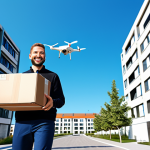 **

A delivery drone safely delivering a package to a modern apartment building. The scene is bright and cheerful, showcasing convenience. The recipient is smiling and waving. Background includes other buildings and clear blue sky. fully clothed, appropriate attire, safe for work, professional, perfect anatomy, natural proportions, high quality.

**