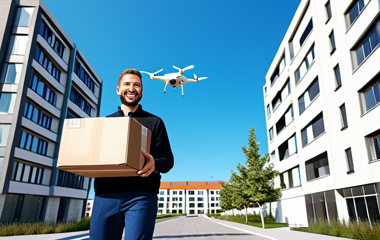 **

A delivery drone safely delivering a package to a modern apartment building. The scene is bright and cheerful, showcasing convenience. The recipient is smiling and waving. Background includes other buildings and clear blue sky. fully clothed, appropriate attire, safe for work, professional, perfect anatomy, natural proportions, high quality.

**