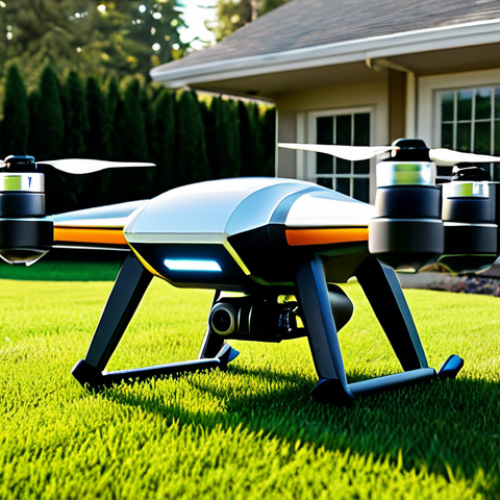 드론 배송 서비스의 선도 기업 사례 연구 - **Amazon Prime Air: Suburban Backyard Delivery**
    A highly detailed, realistic image of a sleek, ...