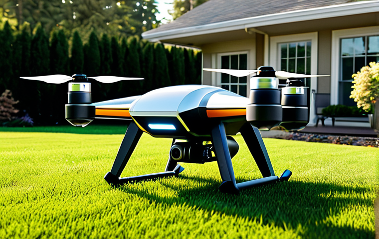 드론 배송 서비스의 선도 기업 사례 연구 - **Amazon Prime Air: Suburban Backyard Delivery**
    A highly detailed, realistic image of a sleek, ...