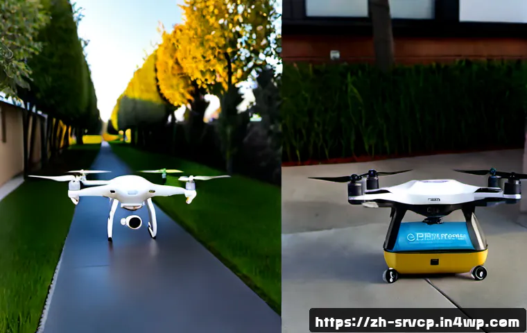 드론 배송 서비스의 경쟁력 있는 기술 비교 - Photorealistic side-by-side comparison of two advanced delivery drones hovering above separate subur...