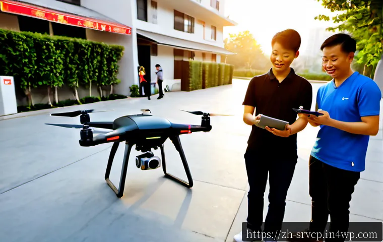드론 배송 서비스의 혁신적인 마케팅 사례 - Photorealistic urban neighborhood drone delivery marketing activation, sleek small delivery drone ge...